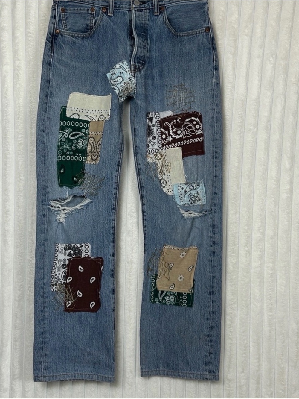 Vintage Levi's 501 patchwork upcycled denim button fly jeans 32x32 fits 30/31x29